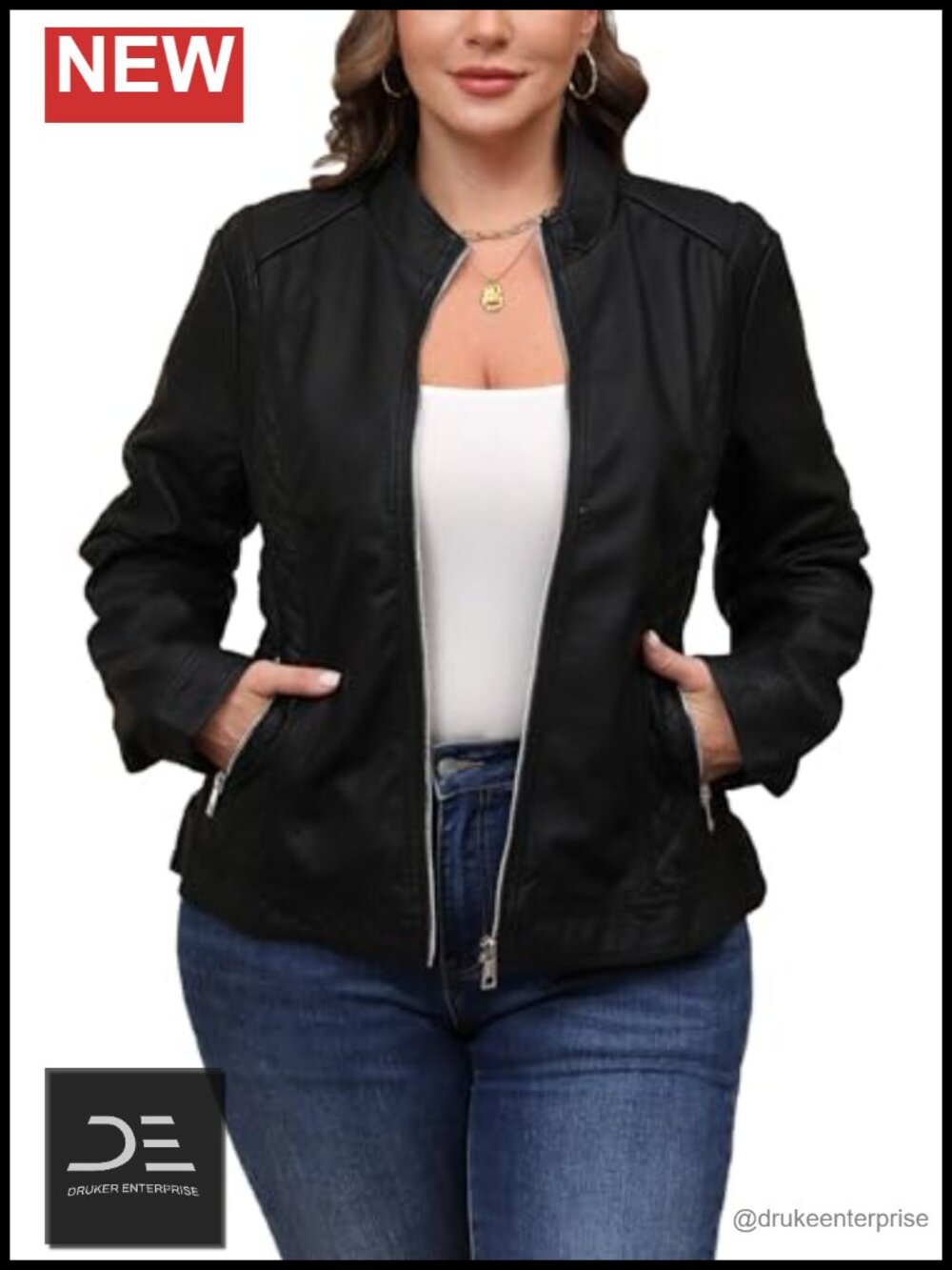Faux Leather Moto Biker Jacket Stand Collar Full Zip Lightweight